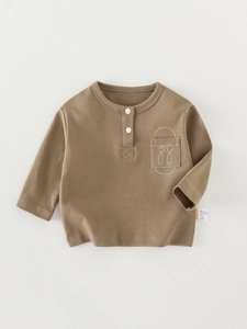 Brown toddler long-sleeve cotton T-shirt with pocket and utensil graphic design