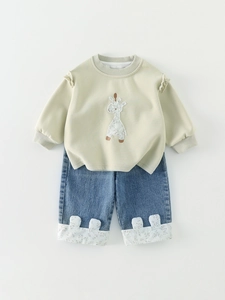 Baby girl fall set with green giraffe sweatshirt and cuffed blue denim jeans