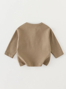 Classic khaki long-sleeve cotton T-shirt for toddler boys with a ribbed crew neck design