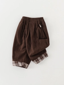 Toddler Boys Corduroy Casual Pants Plaid Patchwork Soft Polyester Elastic Waist Trousers For Autumn Winter Coffee Color