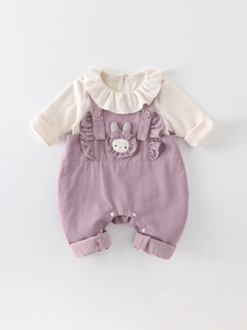 Baby girl long sleeve white shirt and purple suspender pants set with 3D bunny decoration