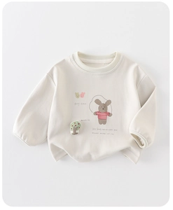 Detail of soft cream cotton long sleeve sweatshirt with bear print for girls