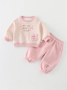 Abbigliamento Autunnale per Neonata Felpa in Pile a Righe e Pantaloni Lunghi Completo Casual Stile Coreano in Misto Cotone