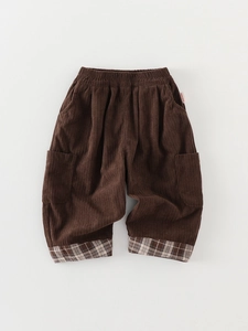 Toddler boys corduroy trousers in dark brown with cargo pockets and plaid cuffs