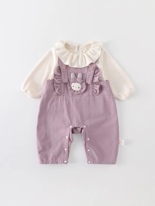 Baby girl autumn set with ruffles long sleeve top and purple rabbit overall trousers