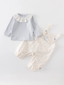 Baby Girl Floral Overalls Set Cotton Long Sleeve Striped T-Shirt Sweet Lace Collar Infant Toddler Autumn Outfits