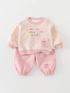 Completo neonata con felpa a righe rosa e grazioso ricamo a forma di coniglio