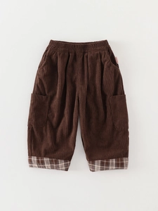 Brown corduroy toddlers trousers with elastic waist and stylish plaid cuffs for 2025