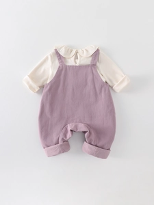 Baby girl two-piece autumn set with cream ruffled blouse and lavender suspender pants