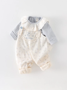 Baby girl long sleeve ribbed top and floral overall jumpsuit two-piece outfit set