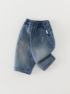 Kids Boys Casual Washed Denim Jeans Elastic Waist Straight Leg Cotton Pants For Toddlers Autumn Spring Trousers Blue