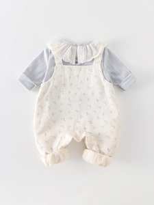Girls long sleeve floral overalls set with lace collar and light blue ribbed top
