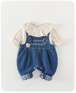 Detailansicht Babymädchen Denim Latzhose Set mit Rüschenkragen Oberteil und Stickerei