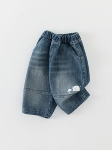 Toddler Boys Casual Denim Jeans Autumn Washed Cotton Blend Pants With Cartoon Duck Print Elastic Waistband Kids Fashion Trousers
