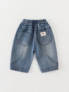 Boys dark blue straight leg denim jeans with elastic waistband and back pockets