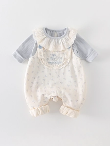 Floral baby girl suspender pants and lace collar long sleeve shirt two-piece outfit