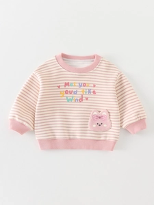 Felpa neonata a righe bianche e rosa con ricamo a forma di coniglio e scritte dolci