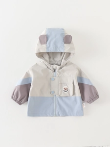 Toddler Boy Hooded Windbreaker Jacket Patchwork Color Block Bear Ears Coat Autumn Outdoor Casual Long Sleeve Baby Clothing