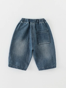 Loose fit kids denim shorts with elastic waist and washed blue vintage cotton fabric