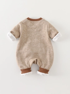 Newborn long sleeve cotton romper in khaki with ribbed cuffs and soft fleece lining