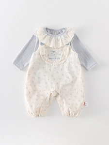 Two-piece baby girl outfit with blue striped top and floral overall pants with lace collar