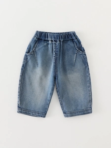 Classic dark blue kids straight-leg denim shorts with elastic waist for daily wear