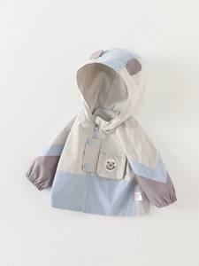 Kids color-block windbreaker jacket with cute ear hood and bear embroidery