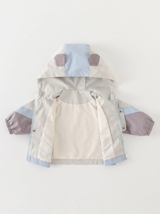 Kids' hooded windbreaker jacket with cute ear decor and color-block design in light grey