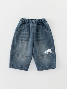 Kids vintage washed denim jeans with elastic waist and happy ducky cartoon embroidery