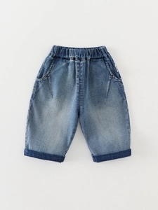 Classic kids blue wash denim shorts with elastic waist and stylish cuffed hems