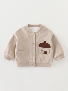 Toddler Boys Korean Style Waffle Knit Cardigan Jacket Long Sleeve Cartoon Patch Buttons Acetate Fiber Outerwear For Autumn