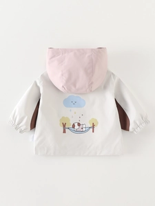 Chaqueta cortavientos para niños gris y rosa con ilustración de un perro durmiendo detrás