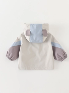 Children hooded windbreaker jacket with color-block design and cute animal ears detail