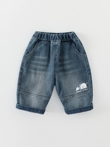 Classic blue washed denim kids shorts with elastic waist and happy ducky cartoon embroidery