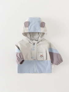 Three-color hooded windbreaker jacket for boys with bear ears and cute embroidery