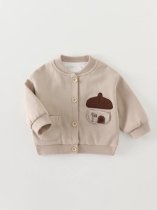 Beige infant waffle knit cardigan with wooden buttons and embroidery for spring