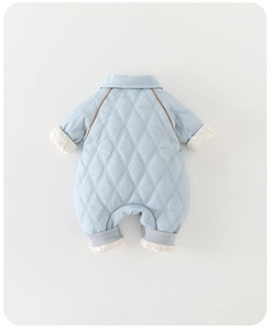 Rear view of baby quilted romper in light blue featuring warm diamond pattern texture