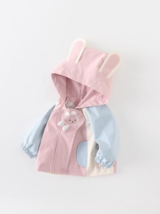 Chaqueta cortavientos para niñas con orejas de conejo 3D y parche de oso