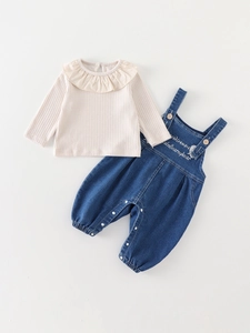 Baby Mädchen Herbst Denim Latzhose Set Rüschenkragen Langarm Top Und Herz Stickerei Jeans 2 Teiliges Outfit Lässige Babykleidung
