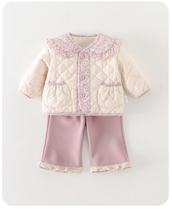Veste matelassée col fleuri et pantalon rose dentelle, ensemble d'hiver pour fille