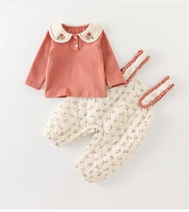 Detail of baby girl floral quilted overalls with pink Peter Pan collar top set