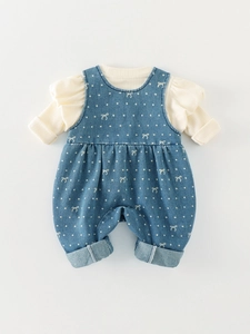 Cute baby girls clothing set with ruffle cream shirt and blue polka dot denim overalls