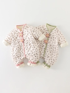 Barboteuse Matelassée Florale Bébé Fille Style Coréen Combinaison Rembourrée Doublure Coton Hiver Chaud Body Manches Longues