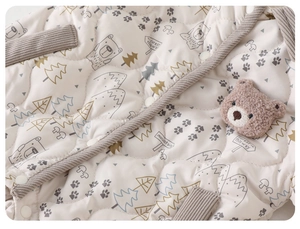 Detail of baby quilted romper with bear patterns, 3D plush bear head and snap buttons