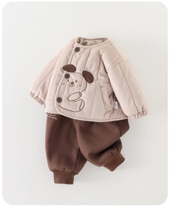 Detail view of baby winter set with quilted puppy jacket and brown cute baby pants