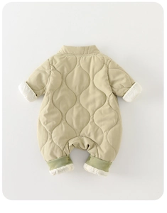 Quilted baby bodysuit with wave pattern and white fleece trim for winter warmth