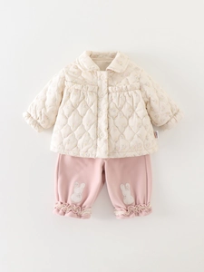 Quilted floral baby girl winter jacket and pink trousers with rabbit embroidery