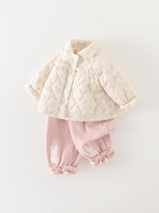 Winter infant floral quilted jacket and pink pants set with cute bunny embroidery