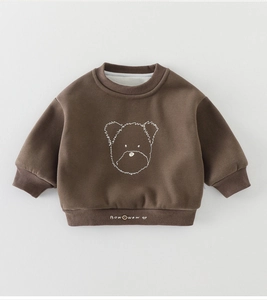 Detail of baby brown fleece sweatshirt showing cute cartoon animal and BOWOWOW embroidery