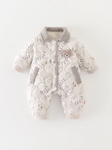Baby Thickened Quilted Romper Winter Warm Padded Jumpsuit Forest Bear Printed Cotton Blend Long Sleeve Bodysuit For Infants